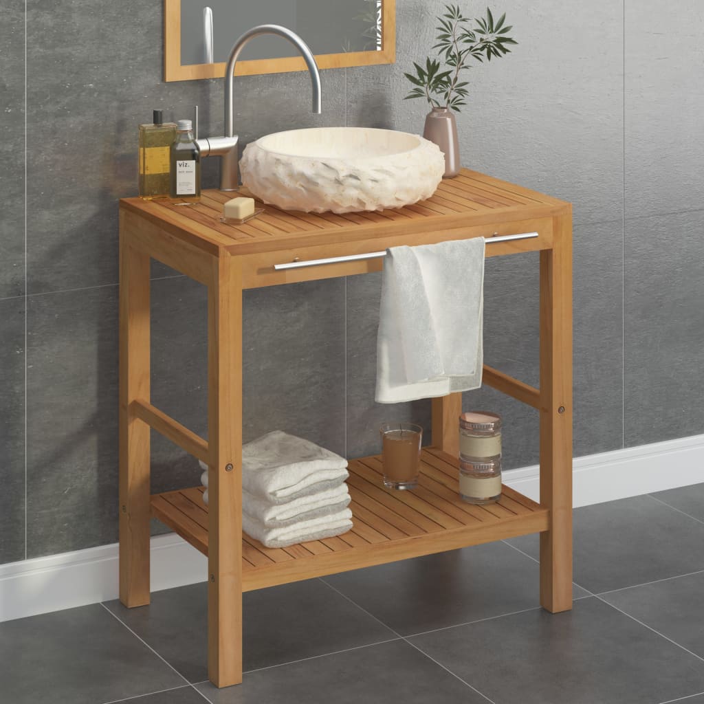 Vetonek Mueble tocador madera teca maciza con lavabo de mármol crema