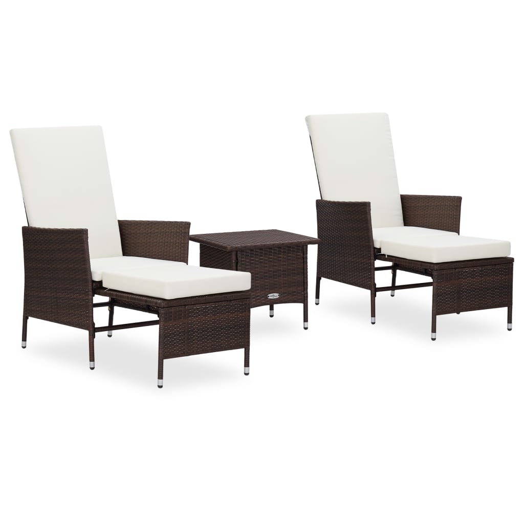 Set muebles de jardín 3 piezas y cojines ratán sintético marrón