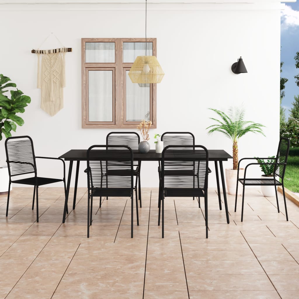 Vetonek Set de comedor de jardín 7 pzas cuerda de algodón y acero negro