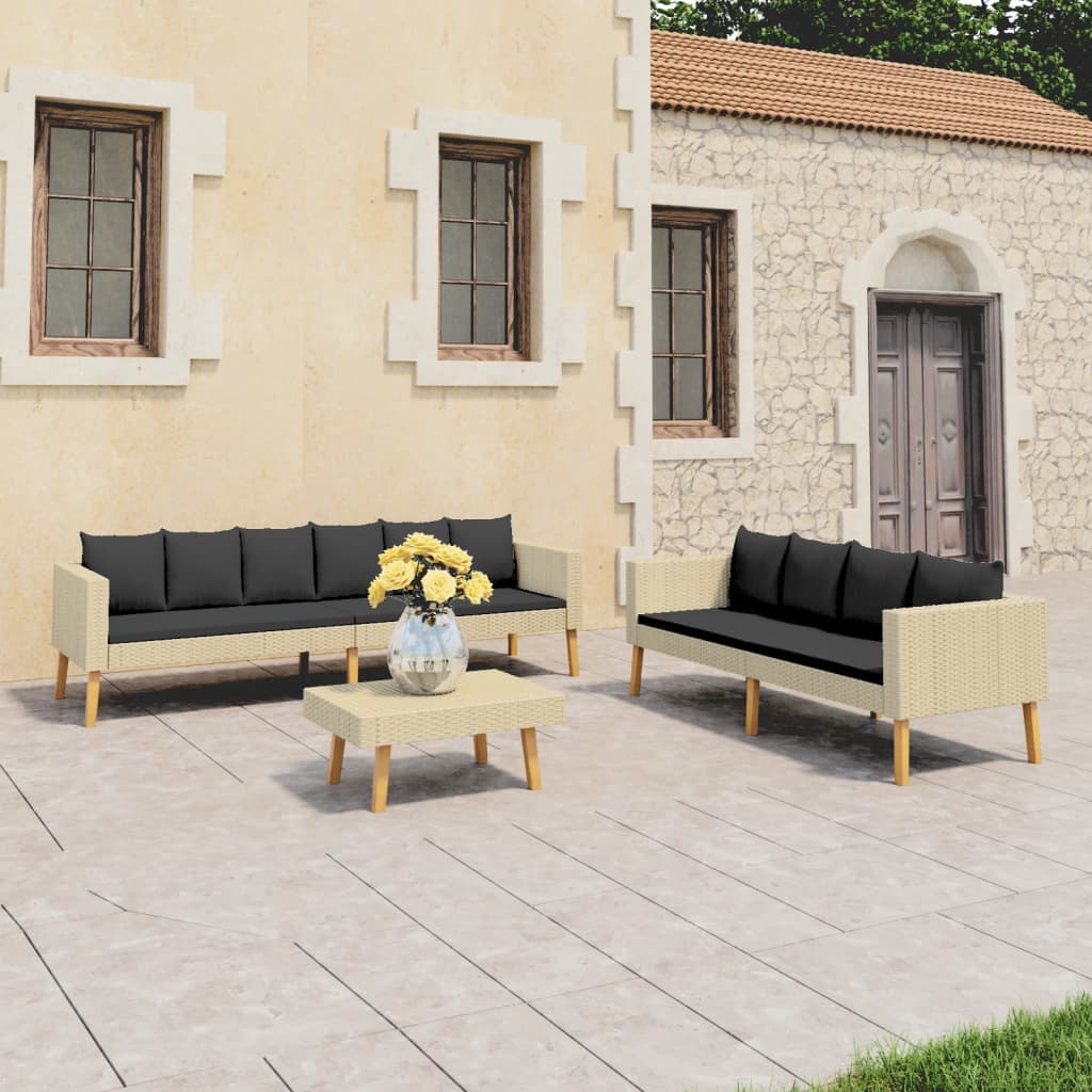 Vetonek Set de muebles de jardín 3 pzas y cojines ratán sintético beige