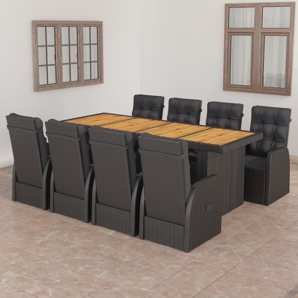 Vetonek Set comedor de jardín 9 piezas y cojines ratán sintético negro