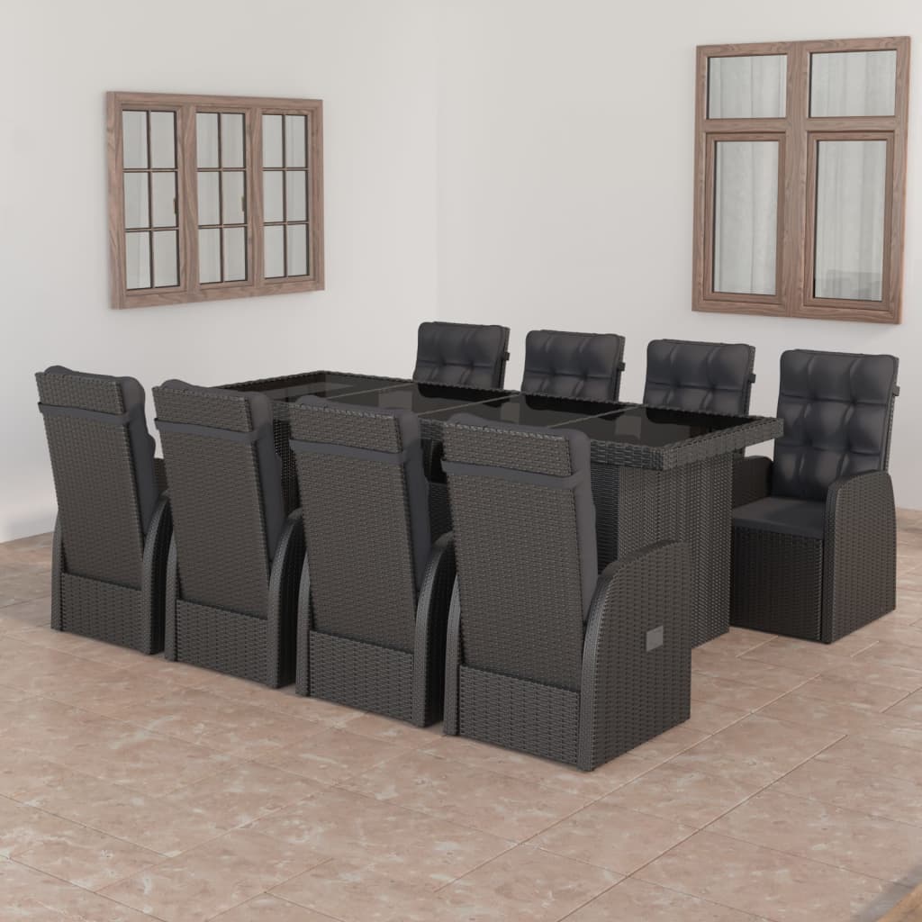 Vetonek Set comedor de jardín 9 piezas y cojines ratán sintético negro