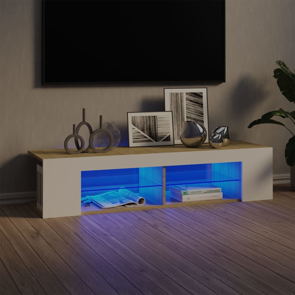 Vetonek Mueble de TV con luces LED blanco y roble Sonoma 135x39x30 cm