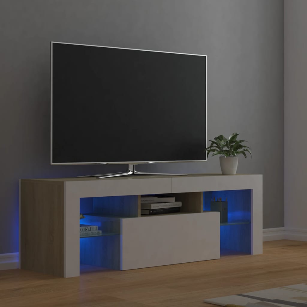 Vetonek Mueble de TV con luces LED blanco y roble Sonoma 120x35x40 cm