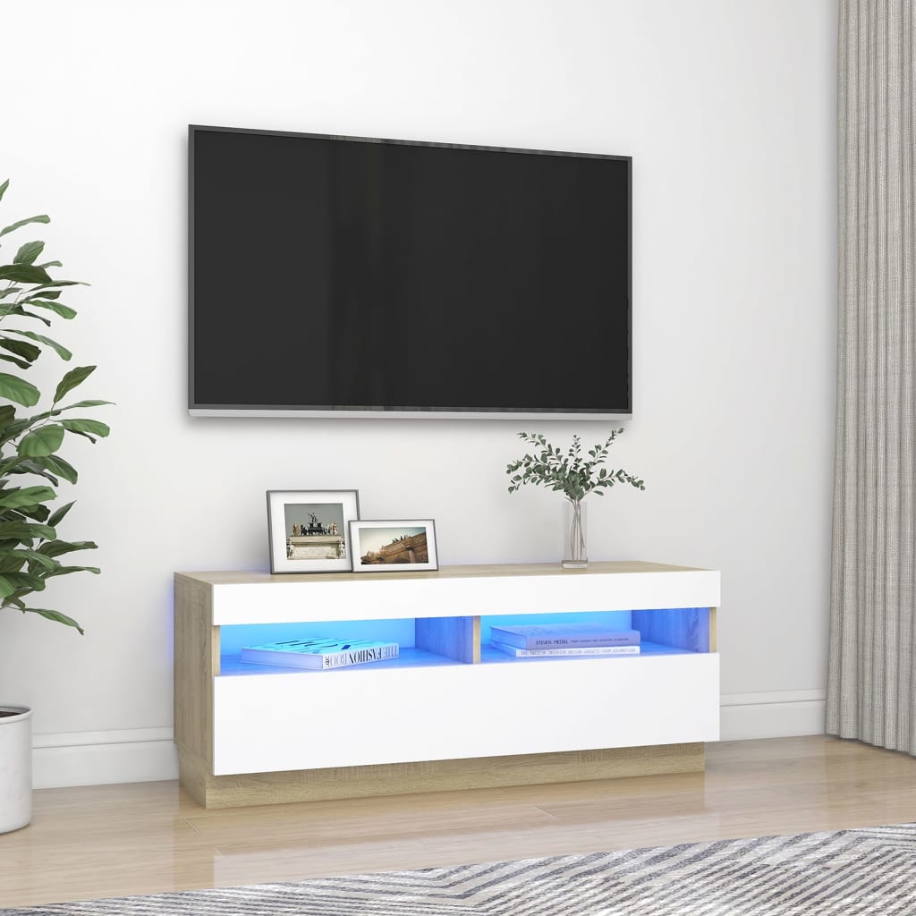 Vetonek Mueble de TV con luces LED blanco y roble Sonoma 100x35x40 cm