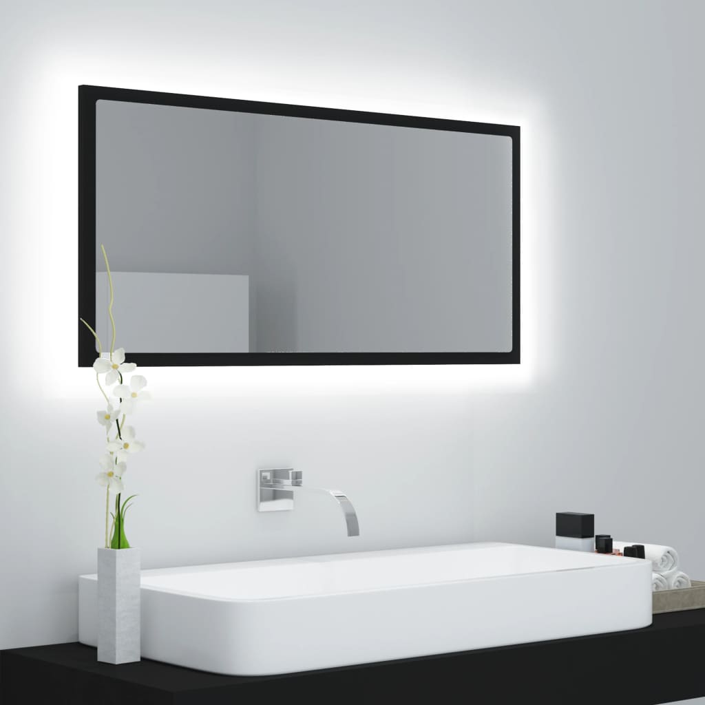 Vetonek Espejo de baño LED acrílico negro brillo 90x8,5x37 cm