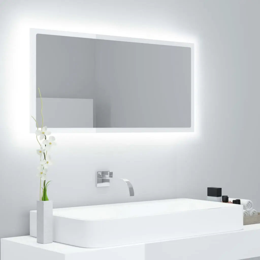 Vetonek Espejo de baño LED crílico blanco brillo 90x8,5x37 cm