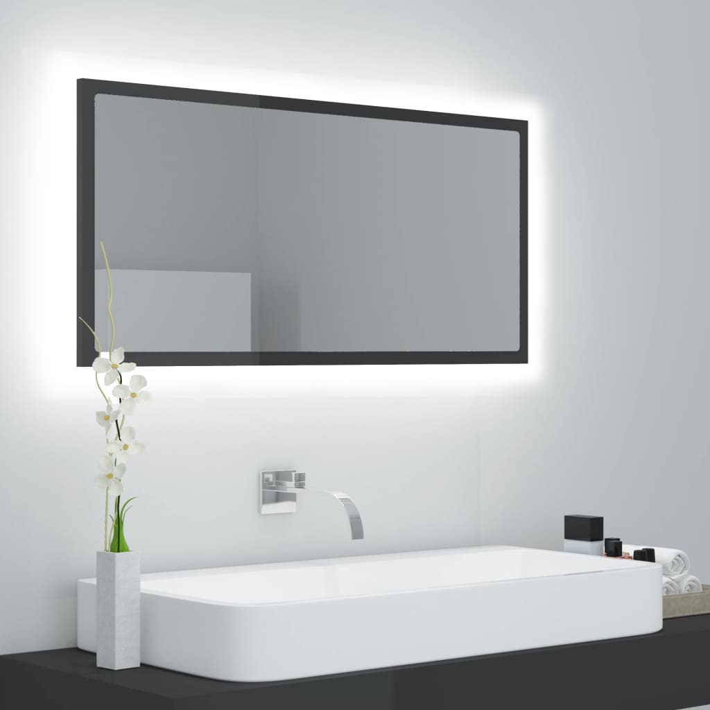 Vetonek Espejo de baño LED acrílico gris brillo 90x8,5x37 cm