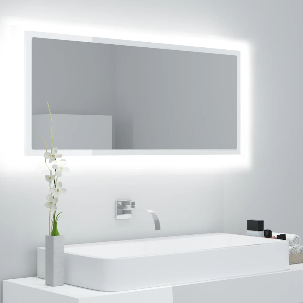 Vetonek Espejo de baño LED acrílico blanco brillo 100x8,5x37 cm