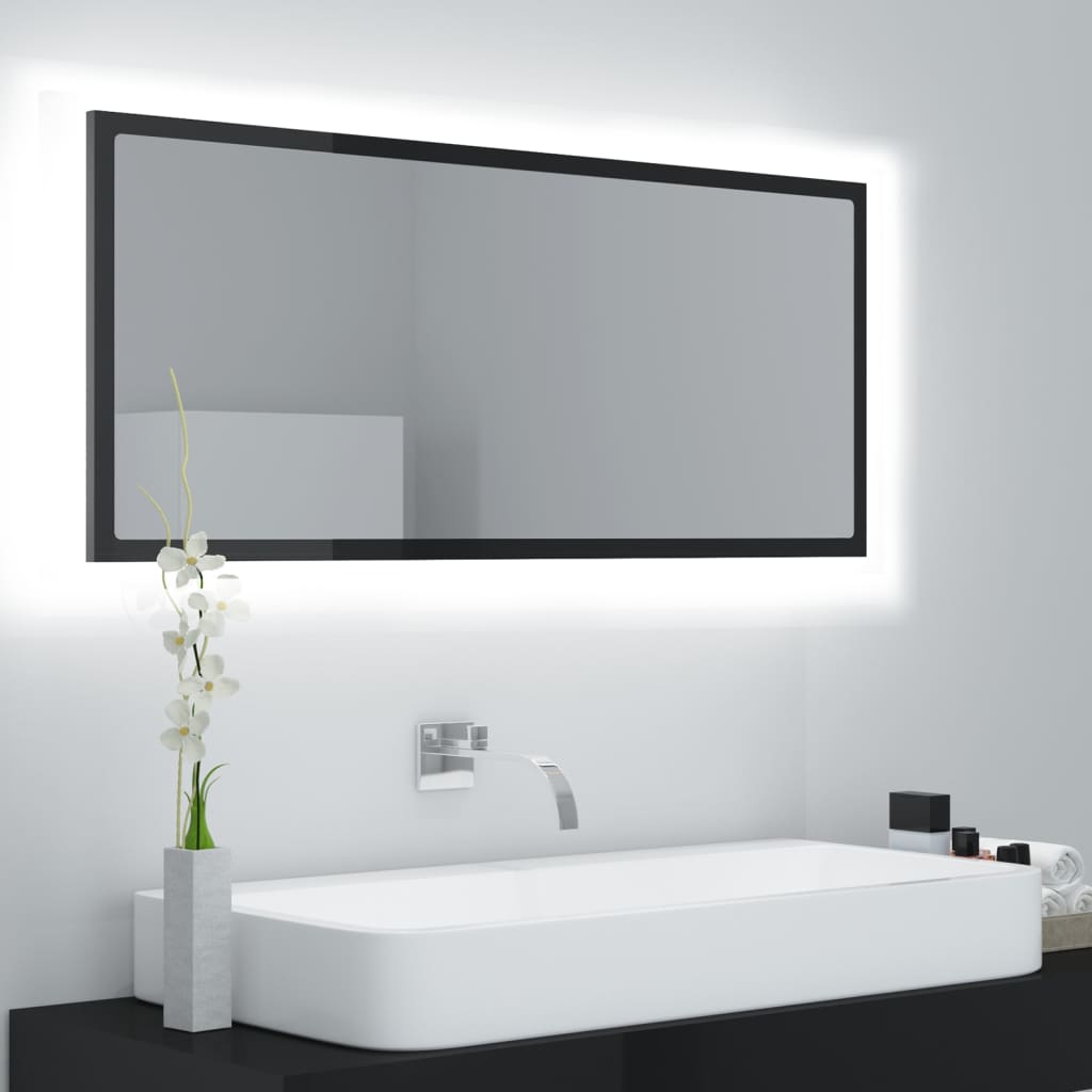 Vetonek Espejo de baño LED acrílico negro brillo 100x8,5x37 cm