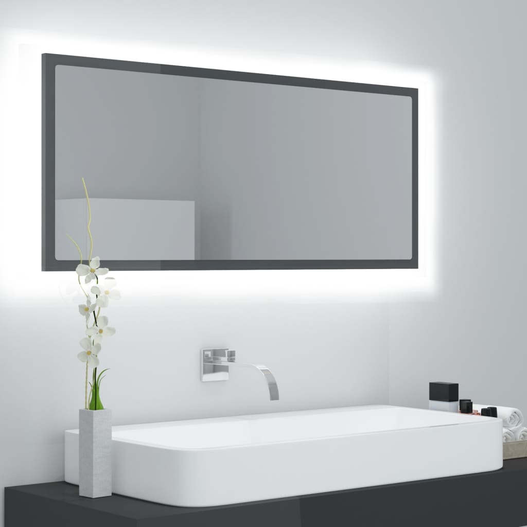 Vetonek Espejo de baño LED acrílico gris brillo 100x8,5x37 cm