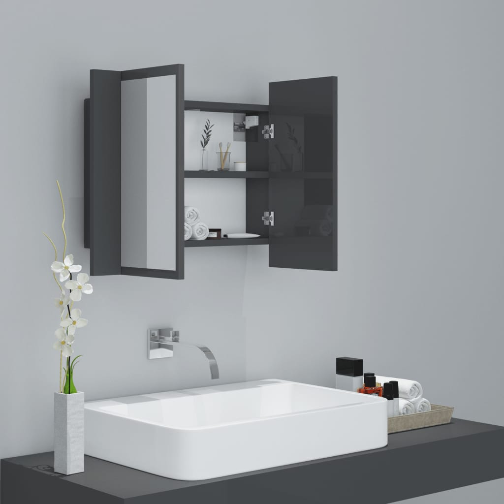 Armario espejo de baño luz led acrílico gris brillo 60x12x45 cm v1488 - Vetonek