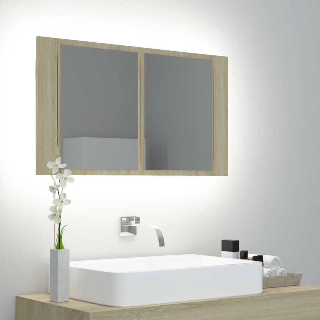 Armario espejo de baño led acrílico roble sonoma 80x12x45 cm v1525 Vetonek
