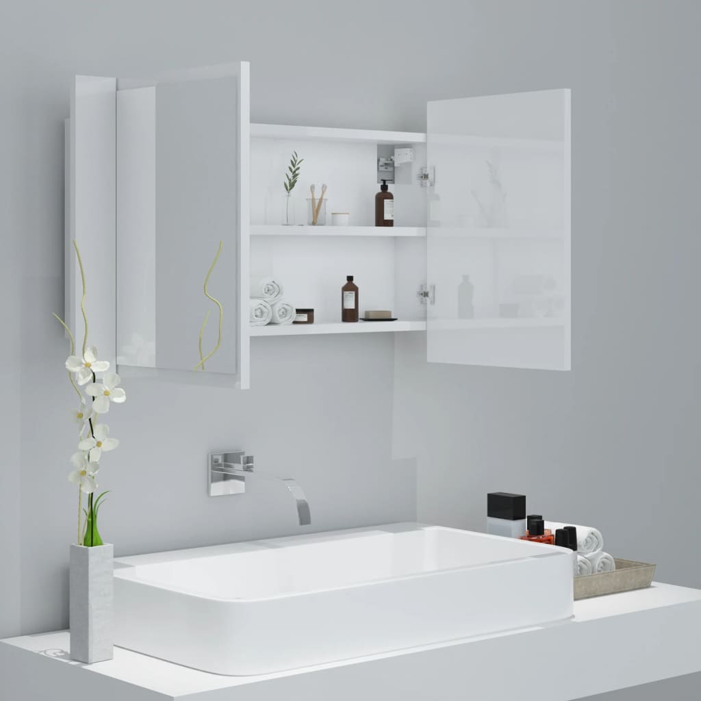 Armario espejo de baño LED acrílico blanco brillo 80x12x45 cm V69 - Vetonek