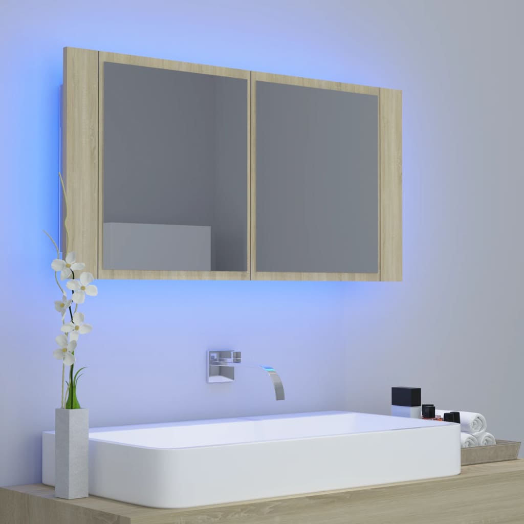 Armario espejo de baño led acrílico roble sonoma 90x12x45 cm v1600 - Vetonek