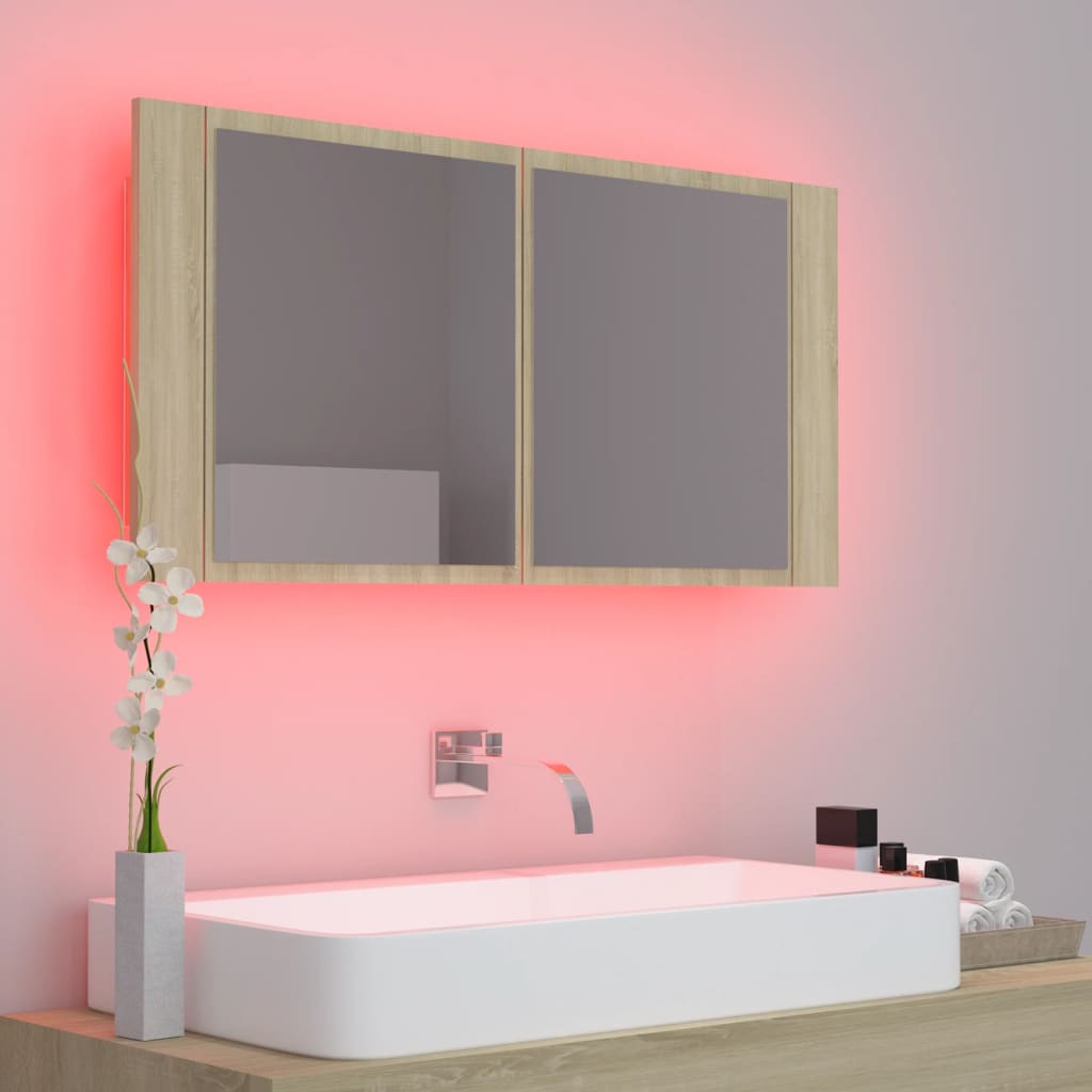 Armario espejo de baño led acrílico roble sonoma 90x12x45 cm v1600 - Vetonek