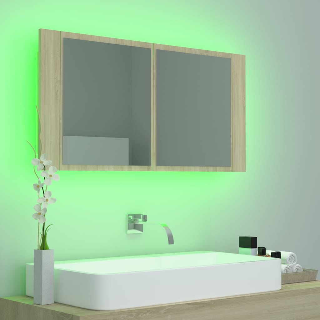 Armario espejo de baño led acrílico roble sonoma 90x12x45 cm v1600 - Vetonek