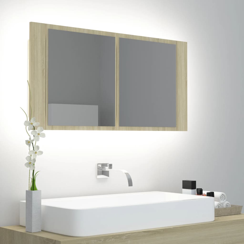 Armario espejo de baño led acrílico roble sonoma 90x12x45 cm v1600 Vetonek