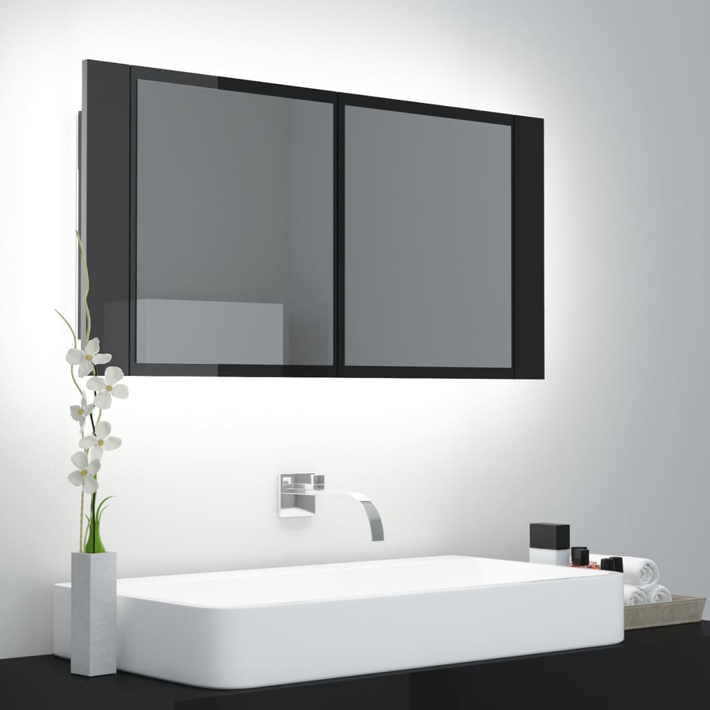 Armario espejo de baño led acrílico negro brillo 90x12x45 cm v1631 Vetonek