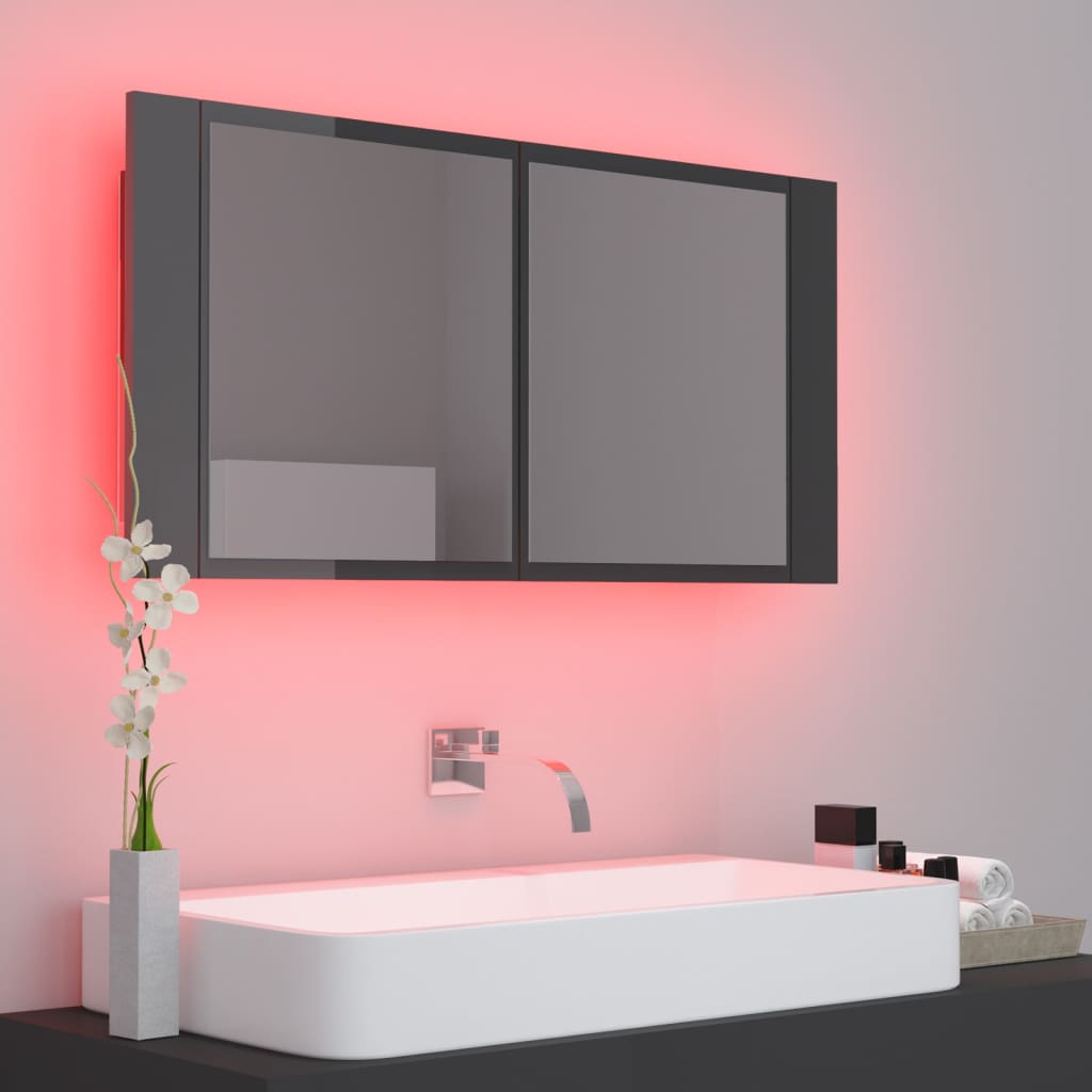 Armario espejo de baño luz led acrílico gris brillo 90x12x45 cm v1648 - Vetonek