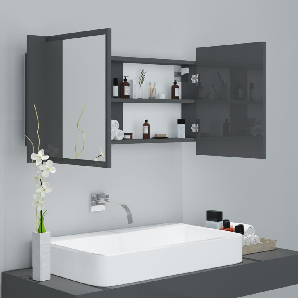 Armario espejo de baño luz led acrílico gris brillo 90x12x45 cm v1648 - Vetonek
