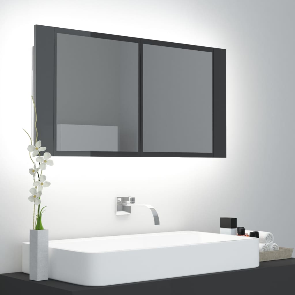 Armario espejo de baño luz led acrílico gris brillo 90x12x45 cm v1648 Vetonek