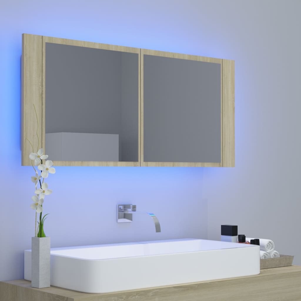 Armario espejo de baño LED acrílico roble Sonoma 100x12x45 cm V1686 Vetonek