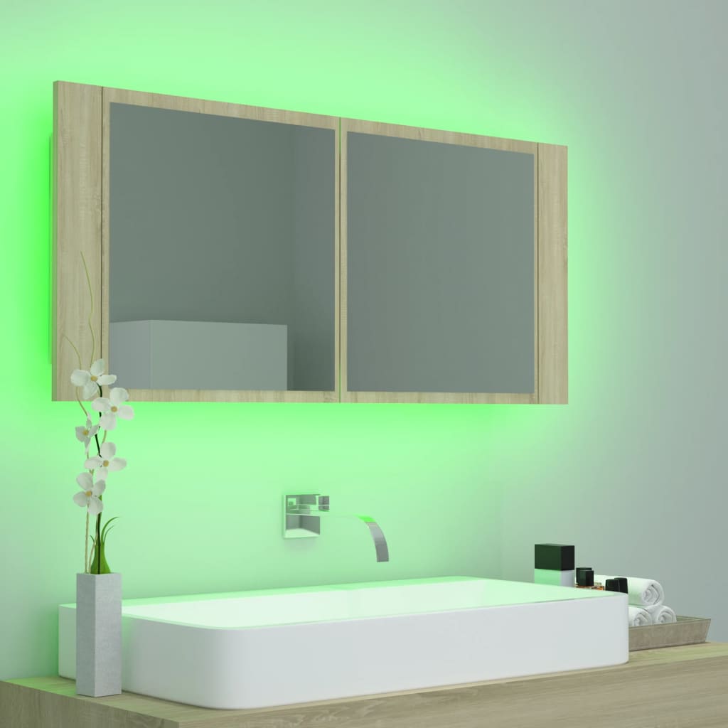 Armario espejo de baño LED acrílico roble Sonoma 100x12x45 cm V1686 Vetonek