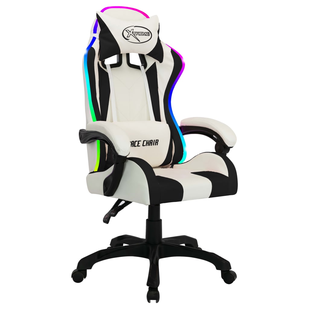 Silla gaming con luces LED RGB cuero sintético blanco y negro - Vetonek