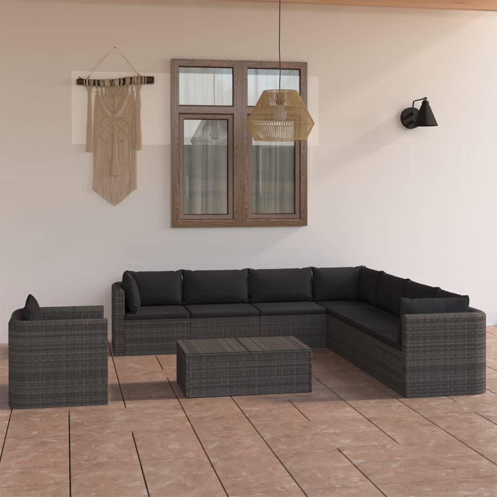 Vetonek Set de muebles de jardín 9 pzas ratán sintético y cojines gris