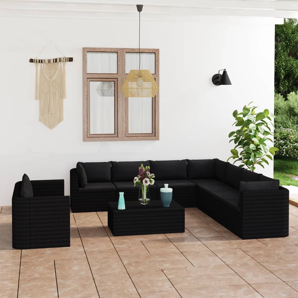 Vetonek Set de muebles de jardín 11 pzas cojines ratán sintético negro