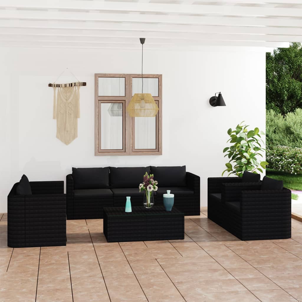 Vetonek Set de muebles de jardín 9 pzas cojines ratán sintético negro