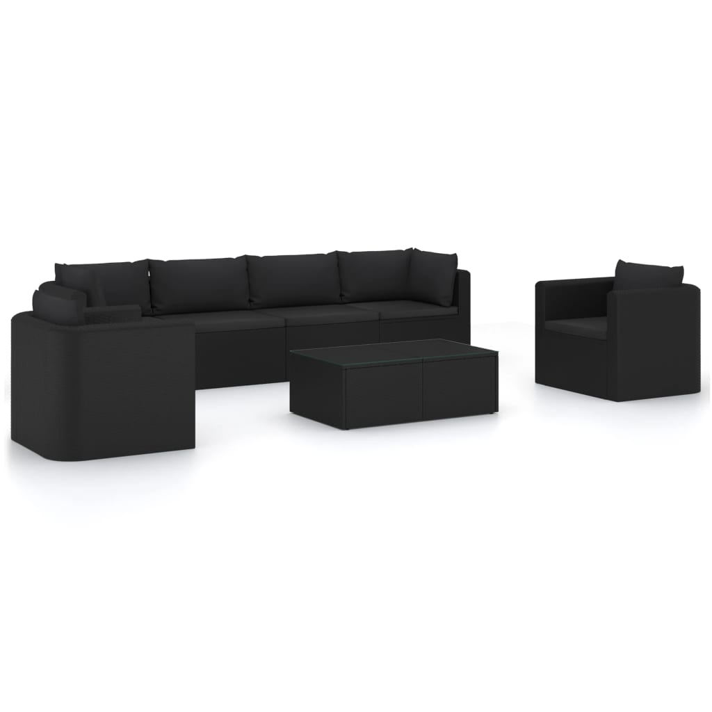 Set muebles de jardín 7 piezas y cojines ratán sintético negro