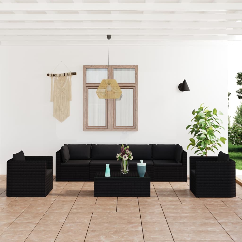 Vetonek Set muebles de jardín 7 piezas y cojines ratán sintético negro