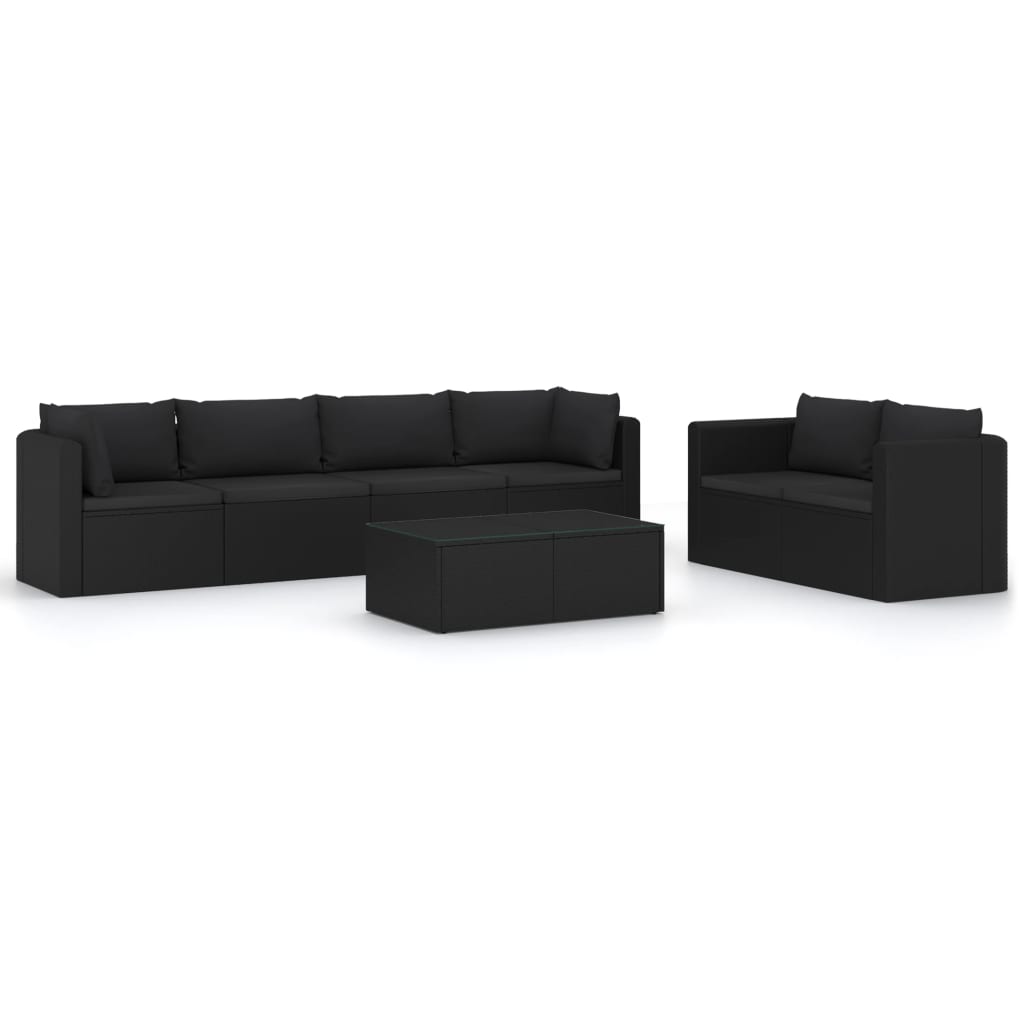 Set muebles de jardín 7 piezas y cojines ratán sintético negro