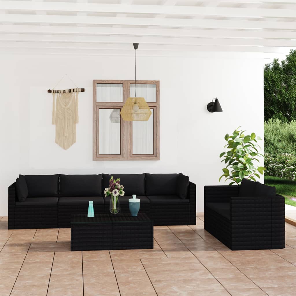 Vetonek Set muebles de jardín 7 piezas y cojines ratán sintético negro