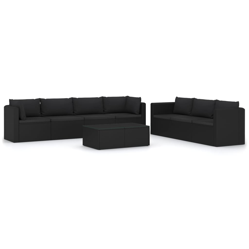 Set muebles de jardín 8 piezas y cojines ratán sintético negro