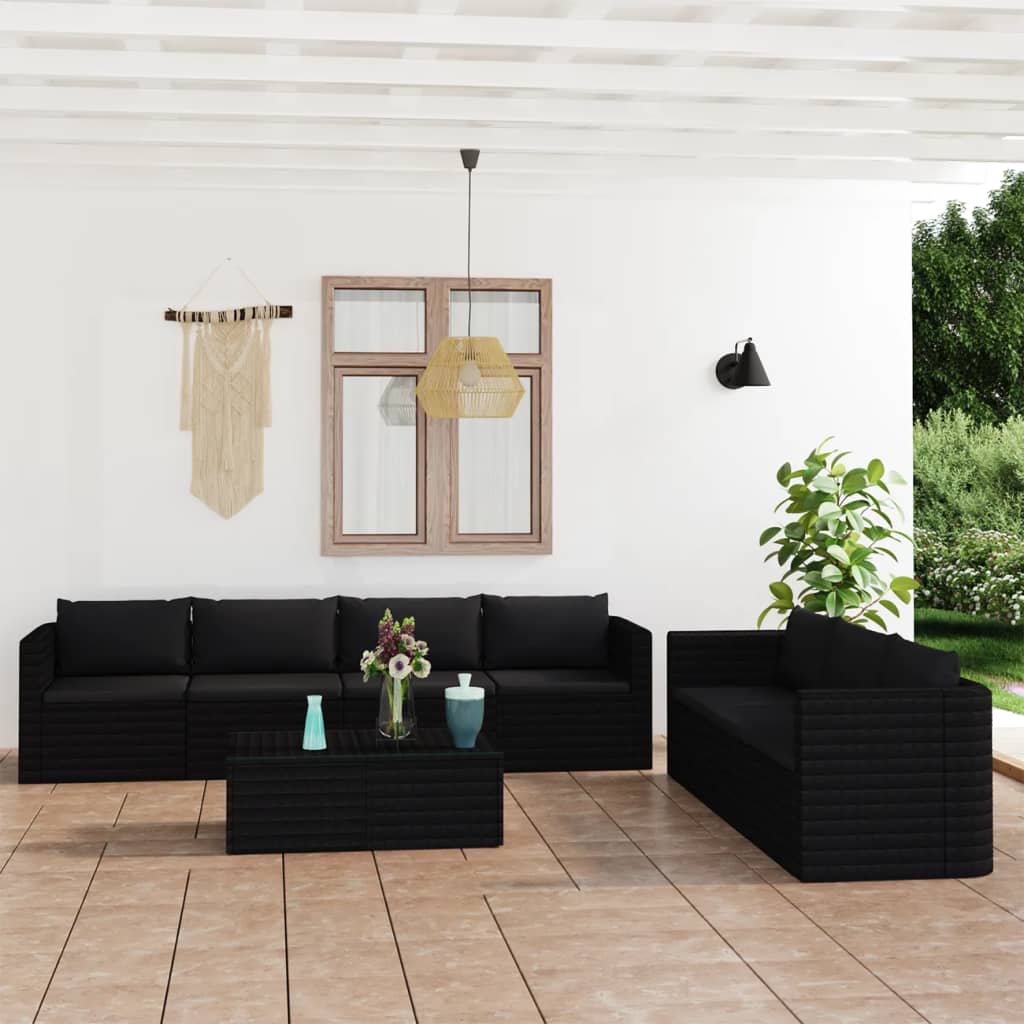 Vetonek Set muebles de jardín 8 piezas y cojines ratán sintético negro