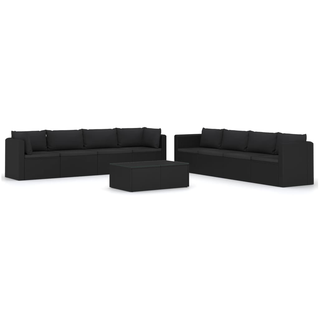 Set muebles de jardín 9 piezas y cojines ratán sintético negro