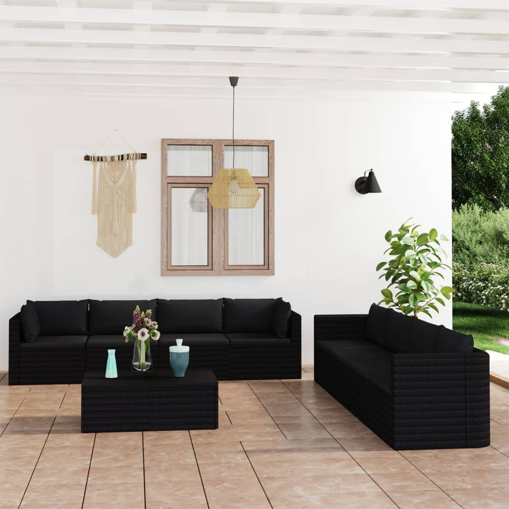 Vetonek Set muebles de jardín 9 piezas y cojines ratán sintético negro