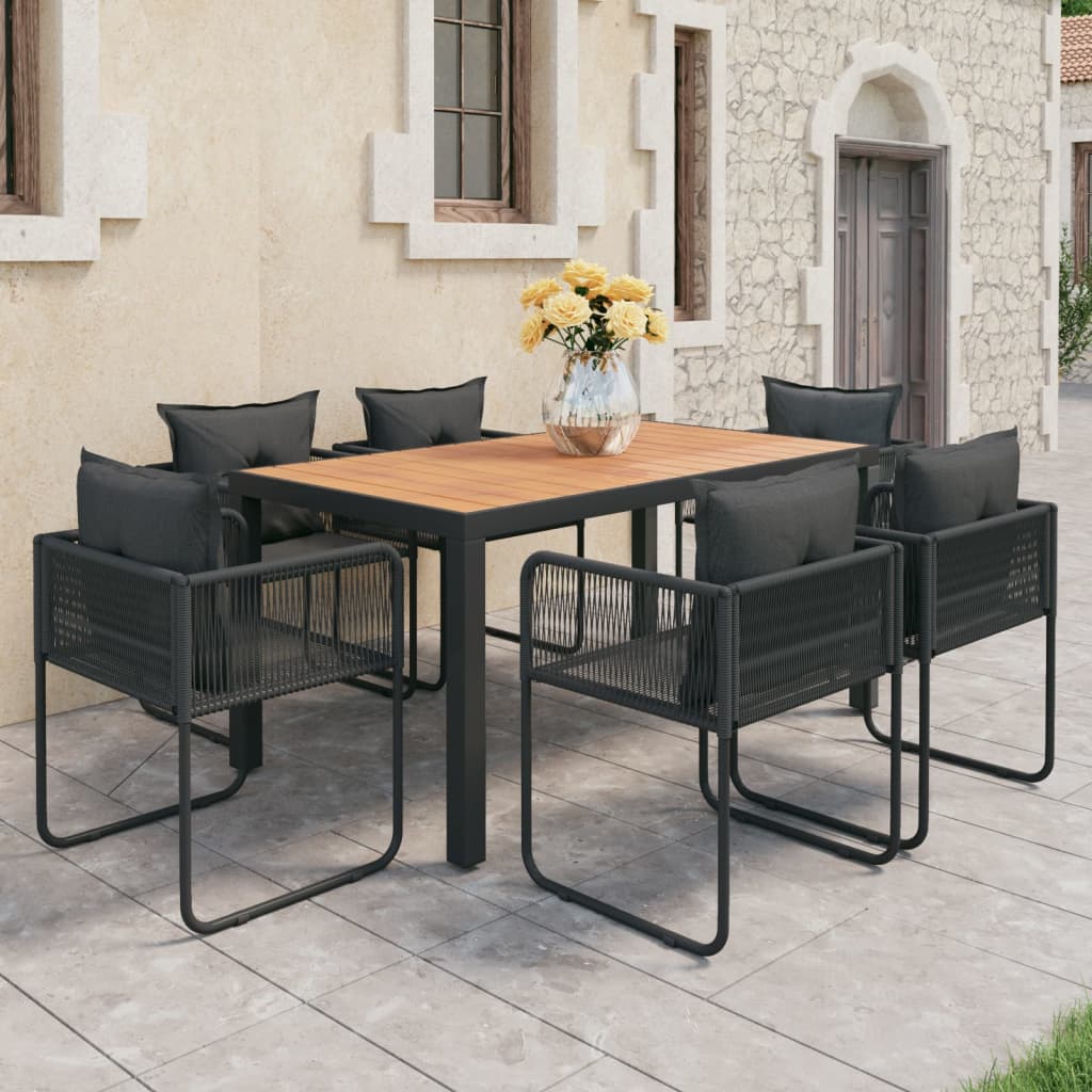 Vetonek Set de comedor de jardín de 7 piezas PVC ratán negro y marrón