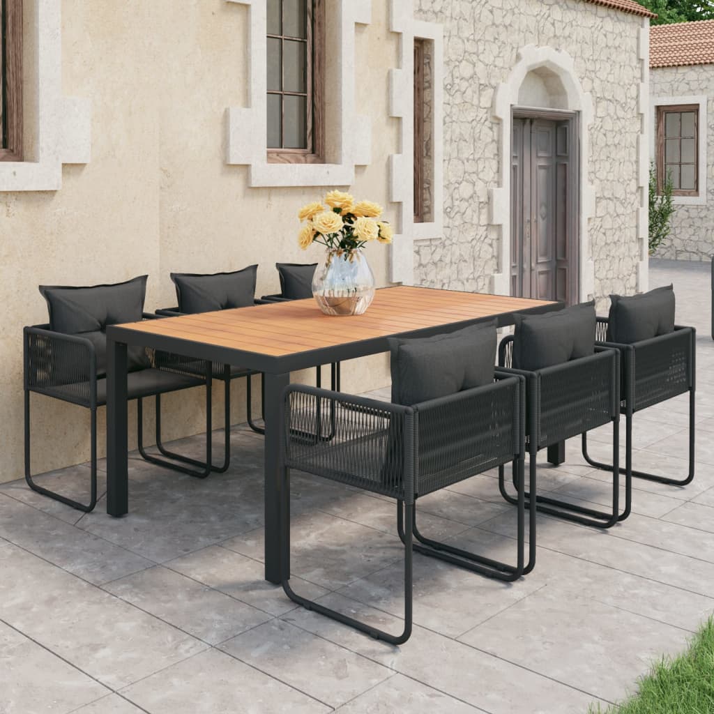 Vetonek Set de comedor de jardín de 7 piezas PVC ratán negro y marrón