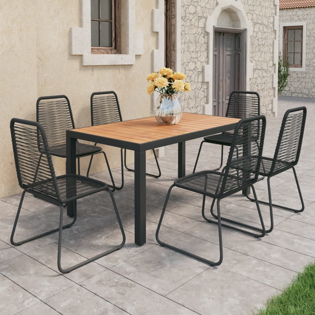 Vetonek Set de comedor de jardín de 7 piezas PVC ratán negro y marrón