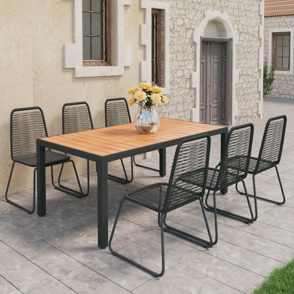 Vetonek Set de comedor de jardín de 7 piezas PVC ratán negro y marrón