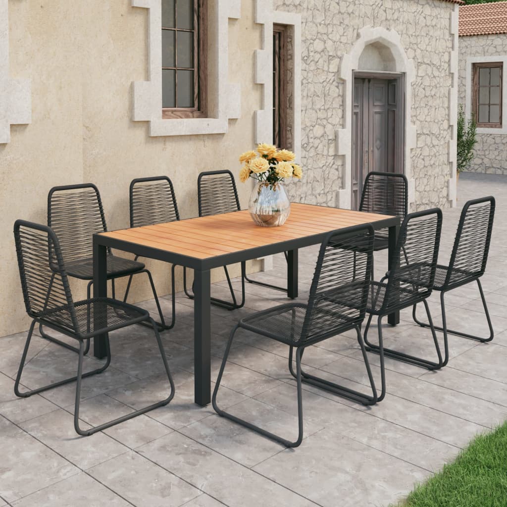 Vetonek Set de comedor de jardín 9 piezas PVC ratán negro y marrón