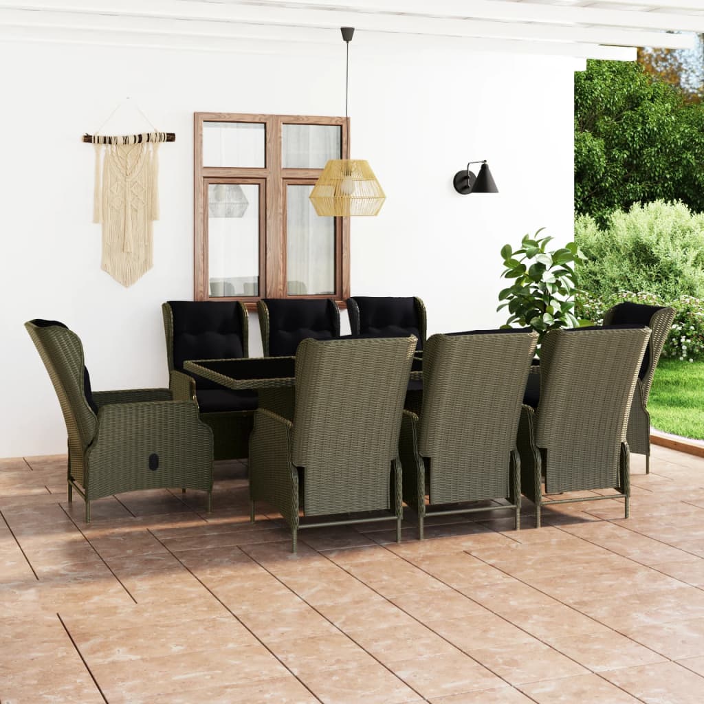 Vetonek Set de comedor jardín 9 piezas cojines ratán sintético marrón