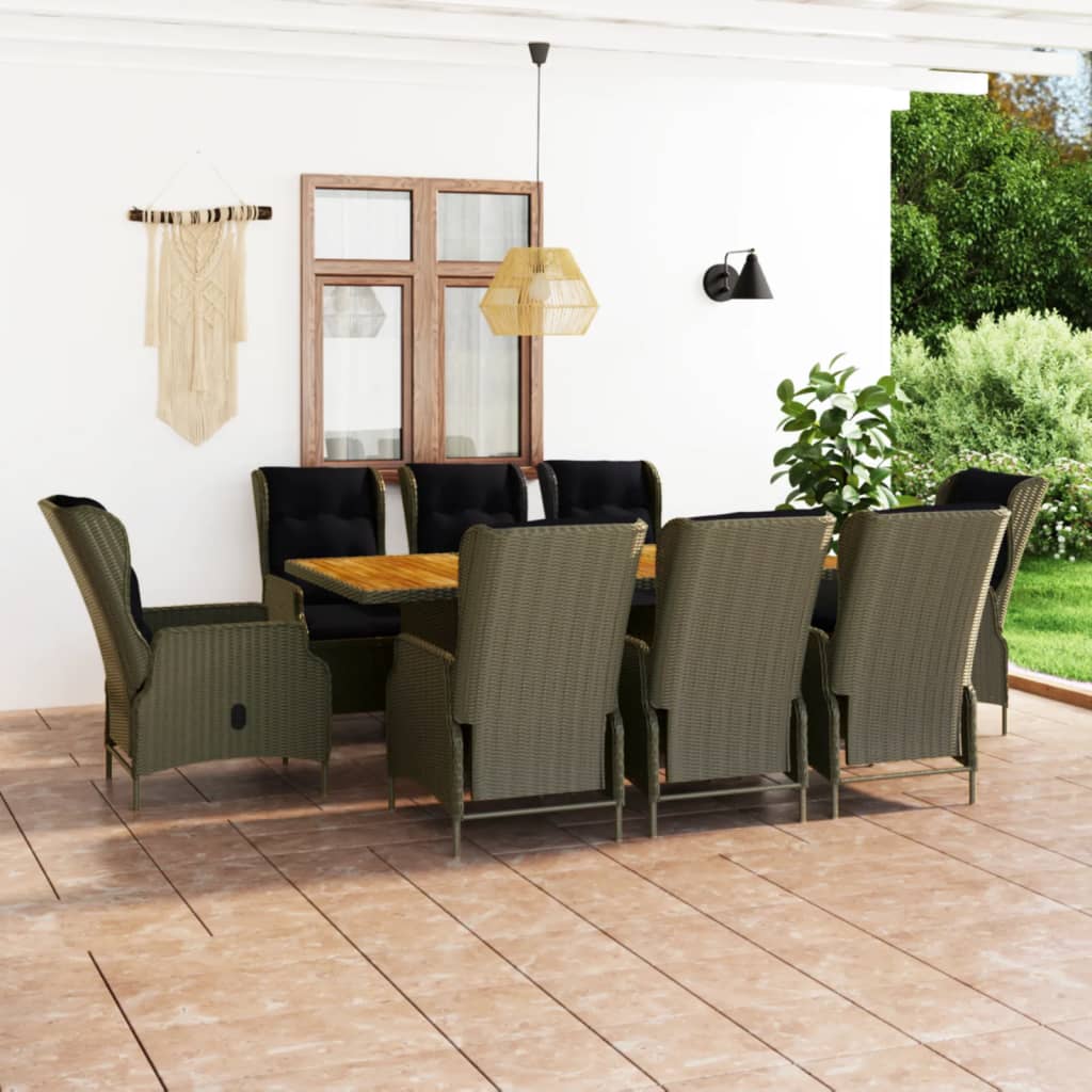 Vetonek Set de comedor jardín 9 piezas cojines ratán sintético marrón