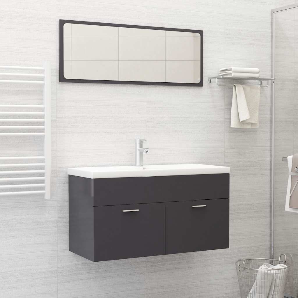 Vetonek Set muebles de baño 2 piezas madera contrachapada gris brillo