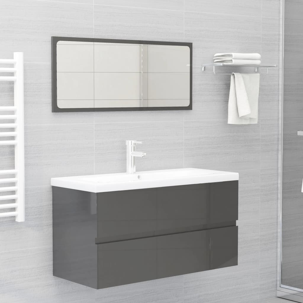 Vetonek Set muebles de baño 2 piezas madera contrachapada gris brillo