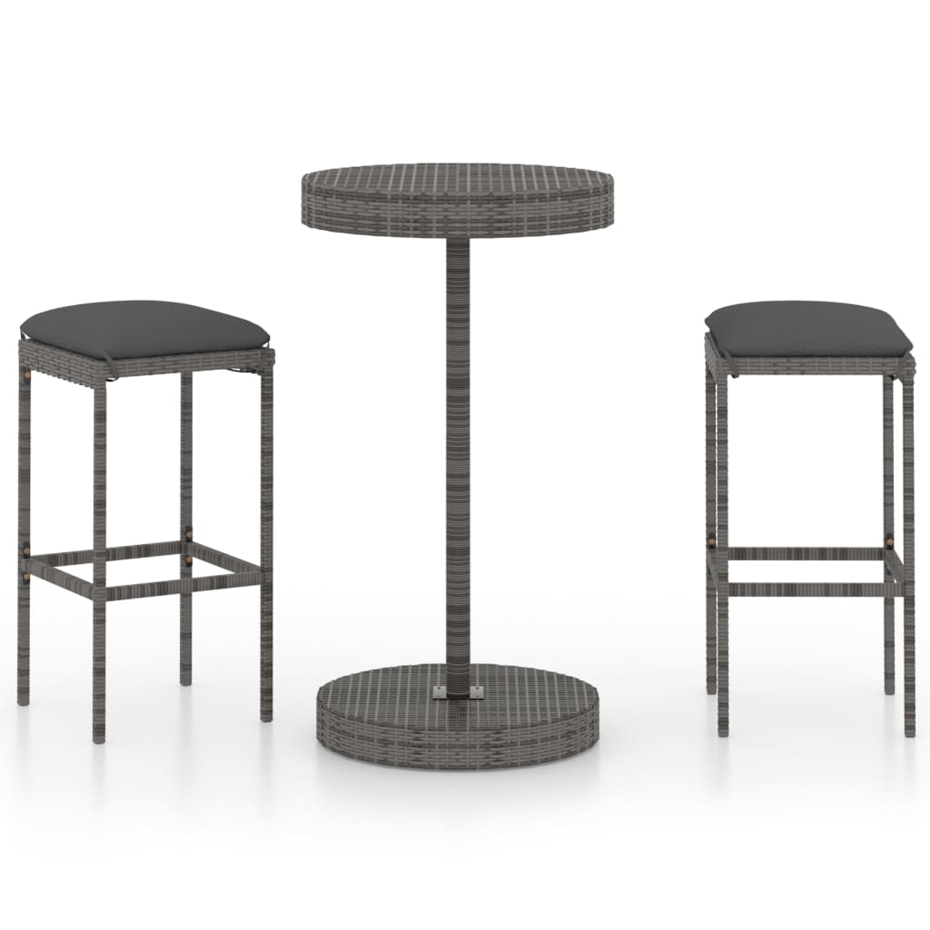 Set muebles bar jardín 3 piezas y cojines ratán sintético gris vidaXL